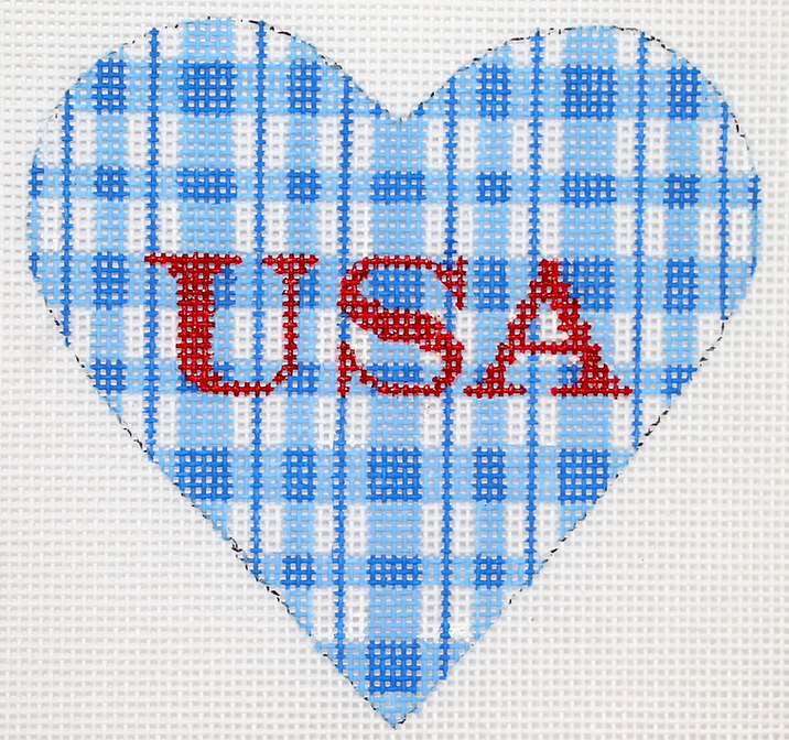 Mini Heart – Patriotic Blue & White Plaid w/ USA in Sparkly Red