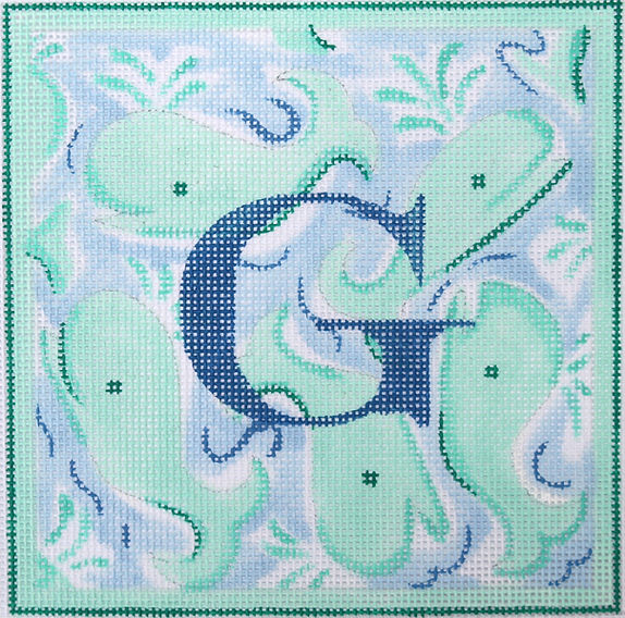 Lilly Letter – Whales – turquoise on light blue w/ royal blue