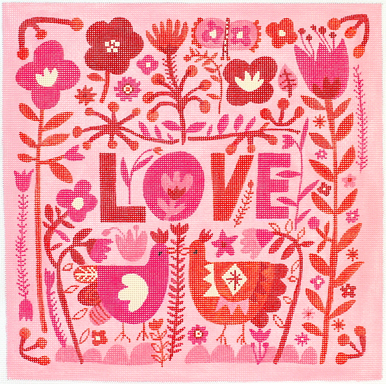Carolyn Gavin – LOVE with Flowers & Chickens – pinks & reds (on 13 mesh)
