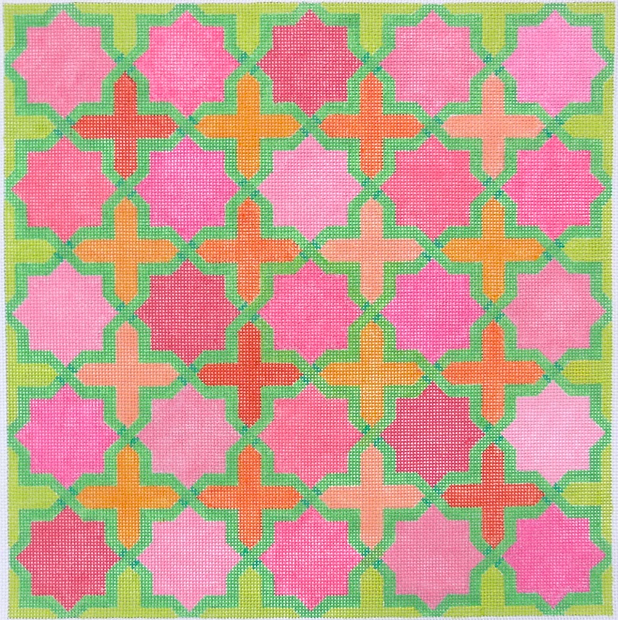 Moroccan Tiles – Crosses & Stars in pinks, oranges w/ greens (stitch guide available)