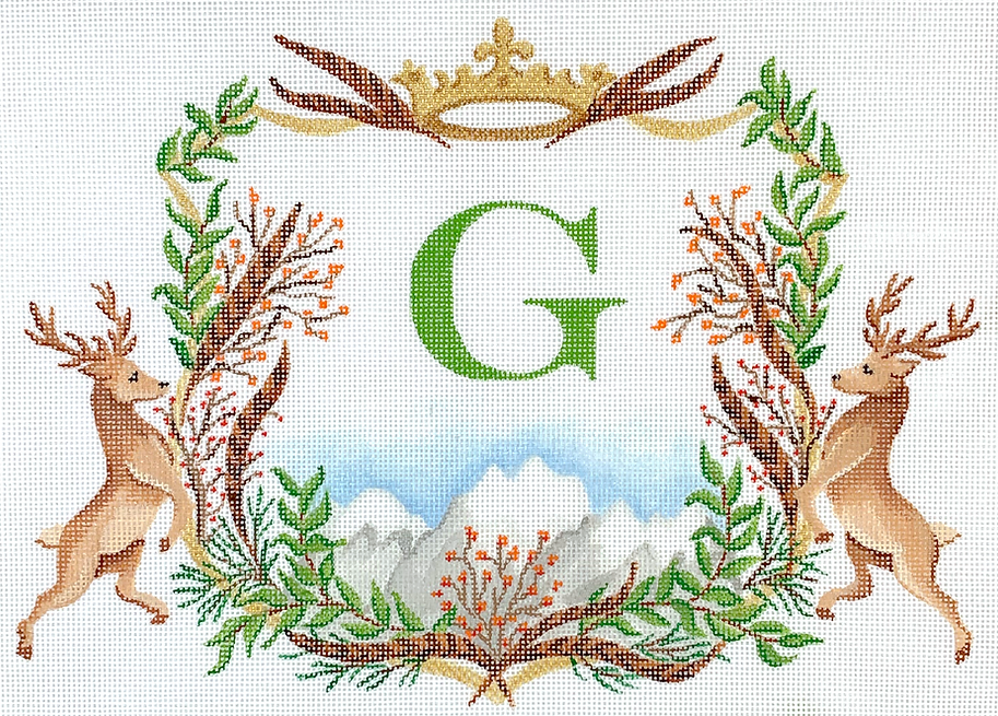 Monogram Crest – Stags w/ Pheasant Feathers, Berries, Mountains & Crown