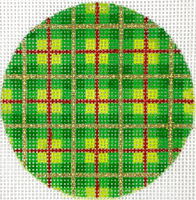 3" Round – Christmas Plaid–Green & Lime Gingham w/ Red/ Gold Lines