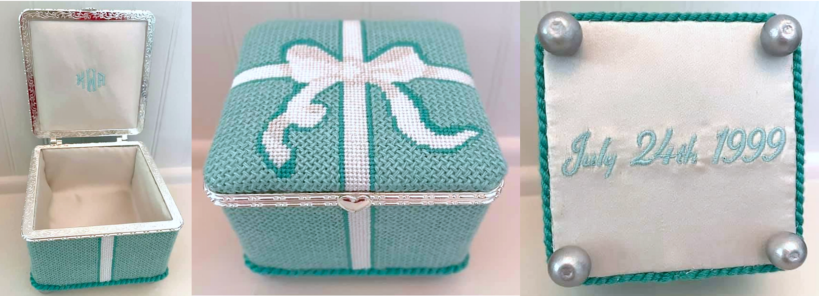 Limoges Box – Lg. Square Tiffany Wrapped Box – Tiffany blue & white (silver clasp)