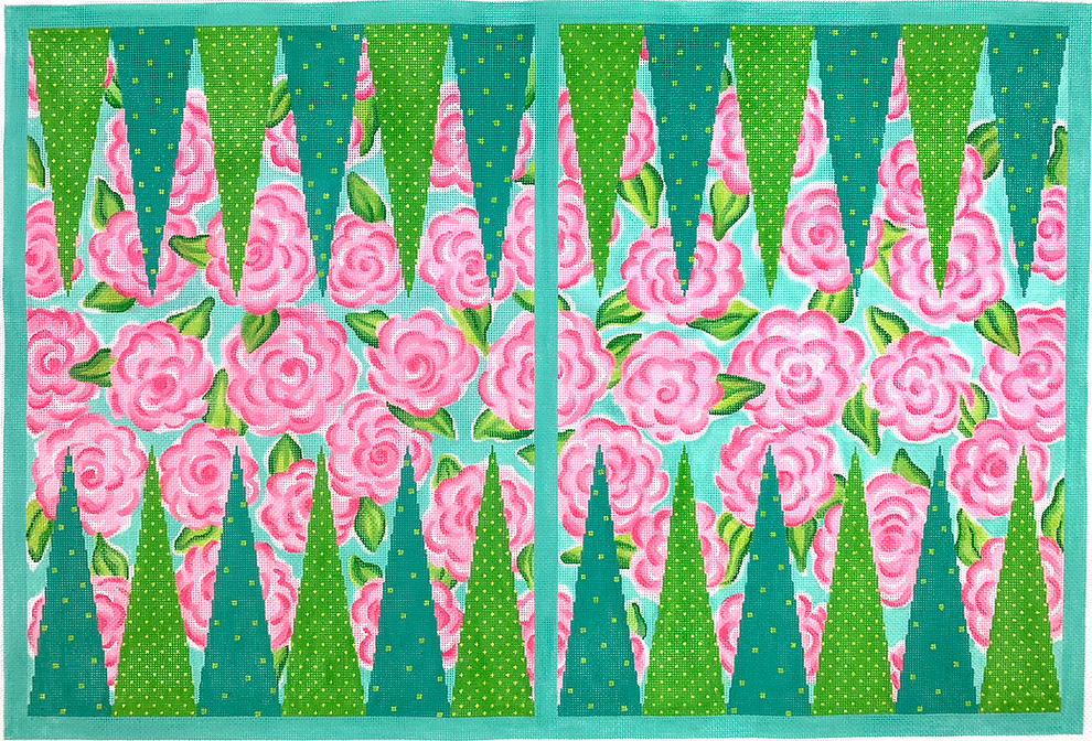 Backgammon Board Canvas – Lilly-inspired Roses – pinks, greens & turquoise (13m)