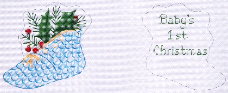 Christmas Ornament – Herend-style 2-sided Baby Shoe w/ Holly – “Baby’s First Christmas” – blues & green w/ gold