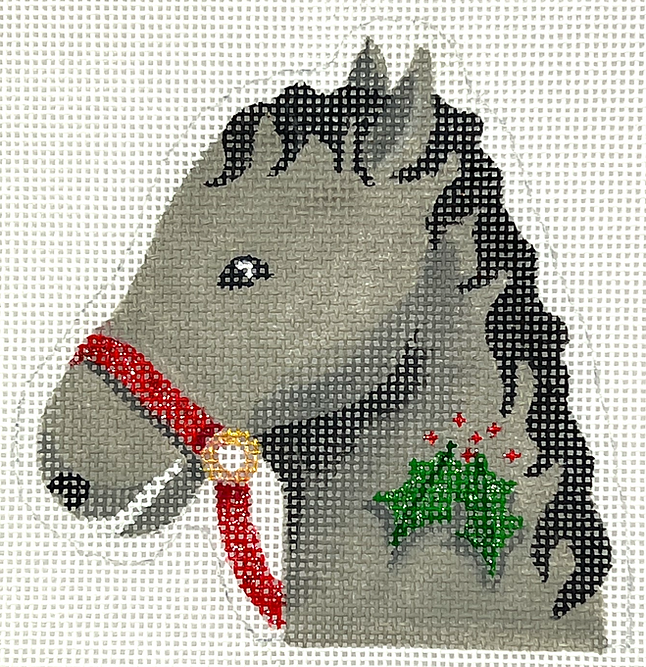 Christmas Ornament – Horse w/ Holly Candy Cane Holder – gray & black