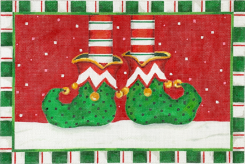 Sally Eckman Roberts – Elf’s Feet on Cherry Background w/ Snow & Striped Border