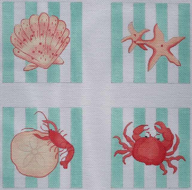 Set of 4 Coasters – Shells & Crustaceans on Cabana Stripes – corals & turquoise