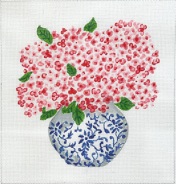 Lindsay Brackeen – Blue Chinoiserie Pot w/ Pink Hydrangeas (13m)