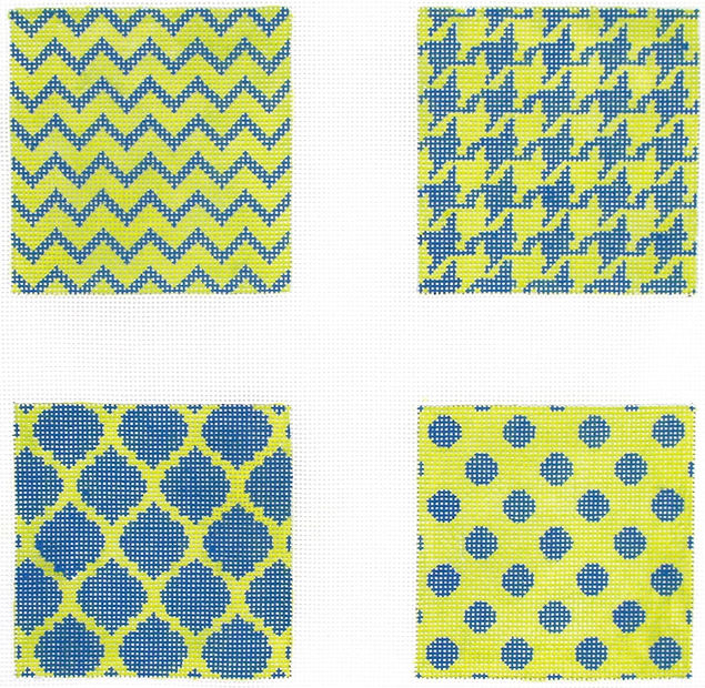 Set of 4 Coasters – Mixed Geometric Patterns – navy & lime