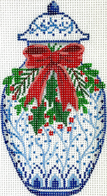 Christmas Ornament – Chinese Vase – Blue & White w/ Red Bow, Greenery & Red Berries
