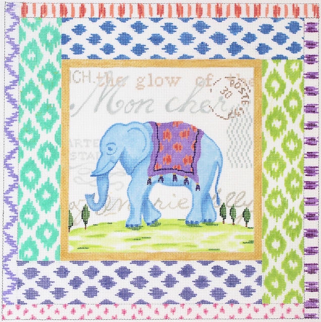 Exotic Collage – Blue Elephant w/ Mixed Ikat Border