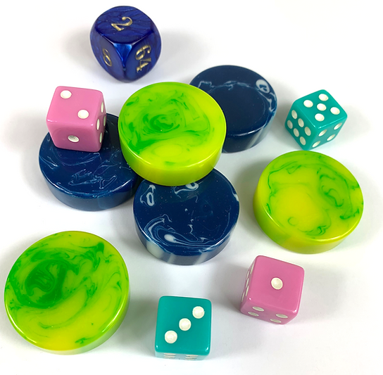 Accessory Set for Backgammon Board BGB-01 – blue, emerald, lime & purple (4 colored dice, 1 doubling cube & 32 marbleized checkers)