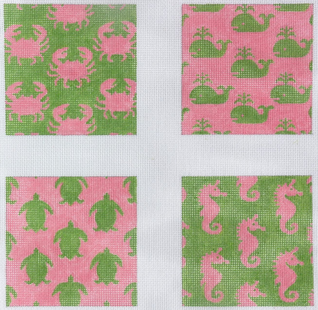 Set of 4 Coasters – Preppy Sea Life – pink & green