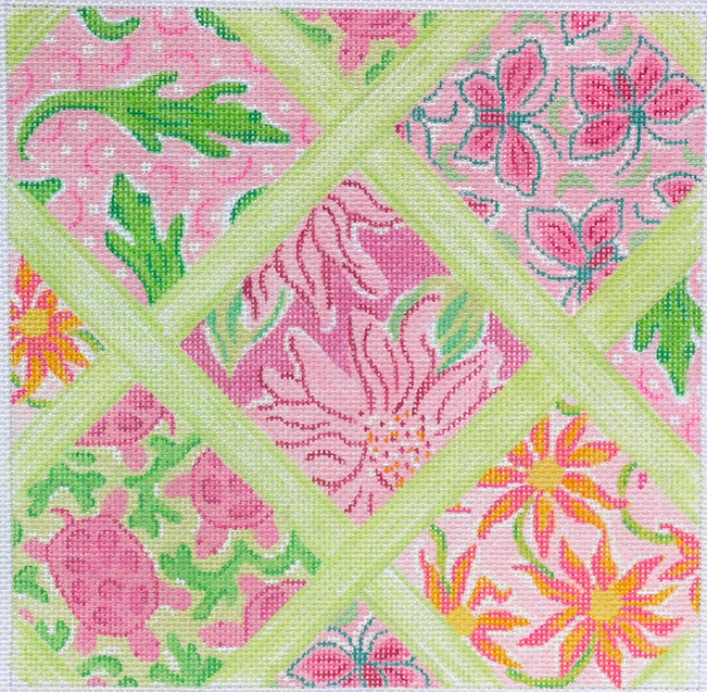 Med. Sq.– Lilly-inspired Lattice Patchwork – pinks & greens