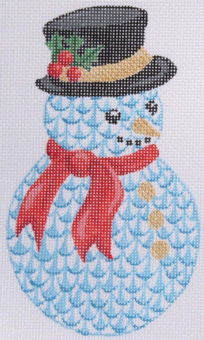 Christmas Ornament – Herend-style Snowman w/ Red Scarf & Top Hat – blue, red, green, black & gold
