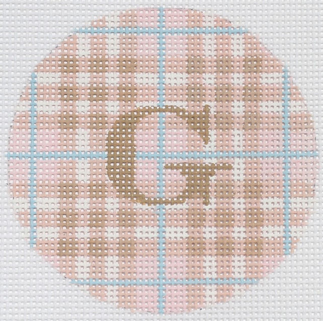 3" Round – Pink & Tan Burberry Plaid, Taupe Letter