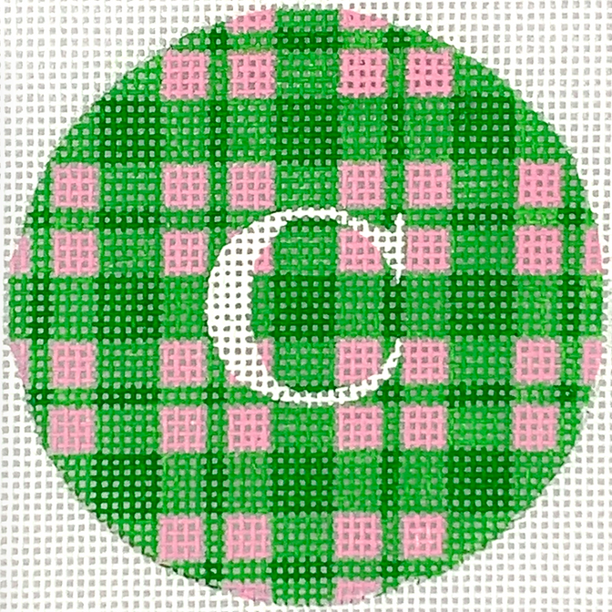 3" Round – Madras Plaid – kelly greens & bright pink w/ white letter