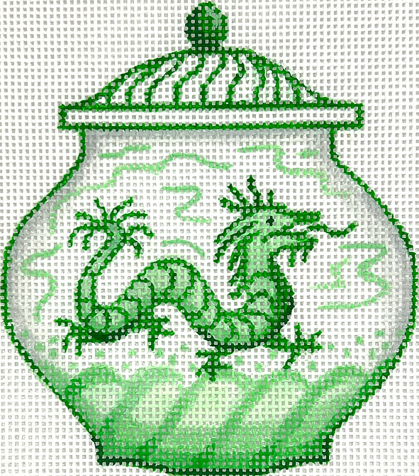 Mini Chinese Vase – Medium Green & White w/ Dragon & Waves