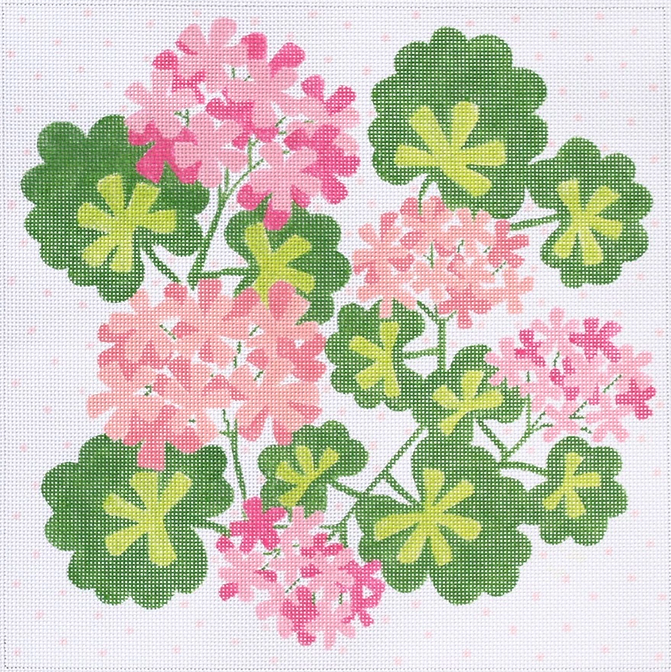 Geraniums Square w/ Dots – pinks, salmons & greens