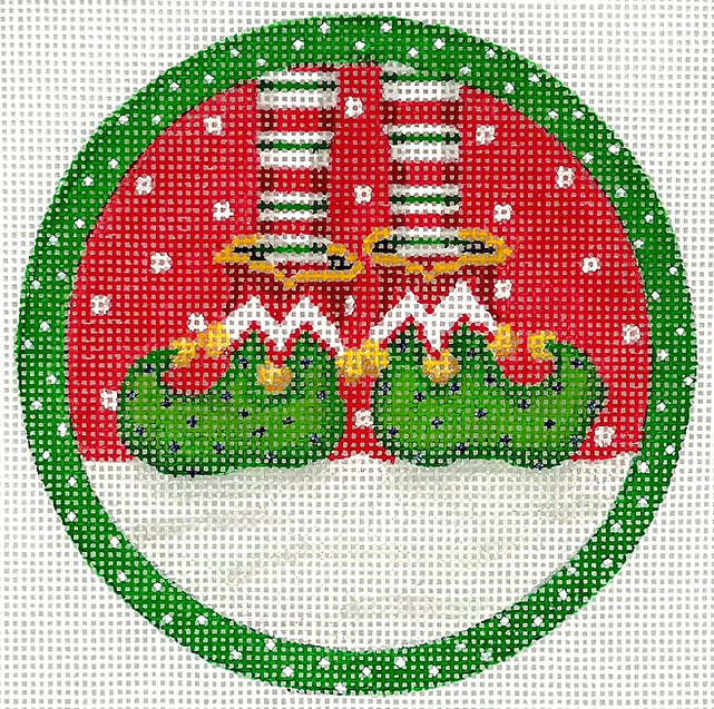 Sally Eckman Roberts – Elf’s Feet w/ Green Dotted Border – on red w/ sparkles