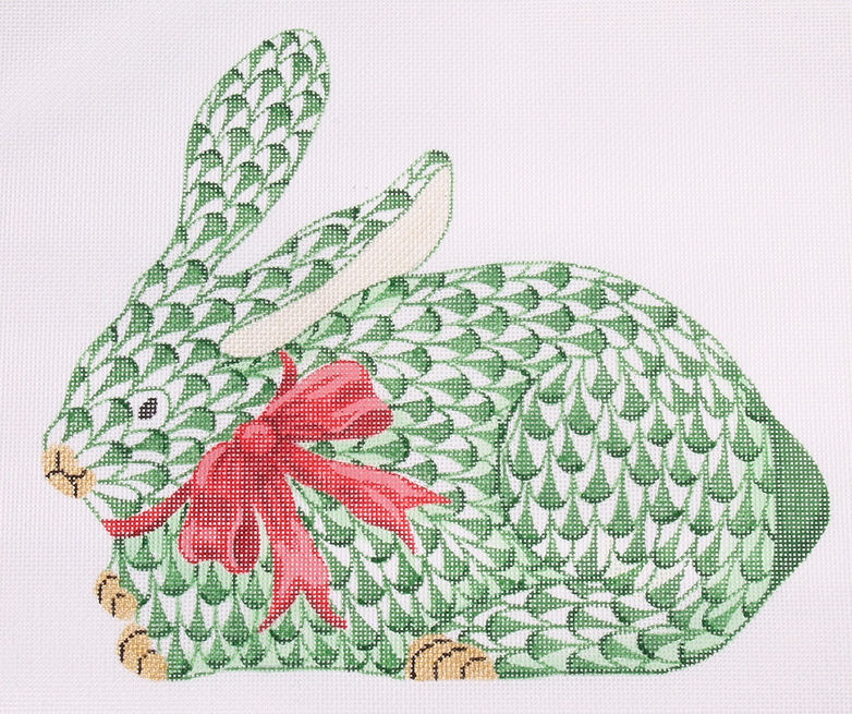 Herend-inspired Fishnet Bunny w/ Bow – Crouching Emerald Bunny w/ Red Bow