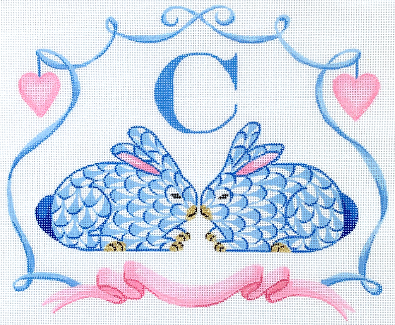 Monogram Crest – Fishnet Crouching Bunnies w/ Hearts & Ribbon – blues w/ pinks