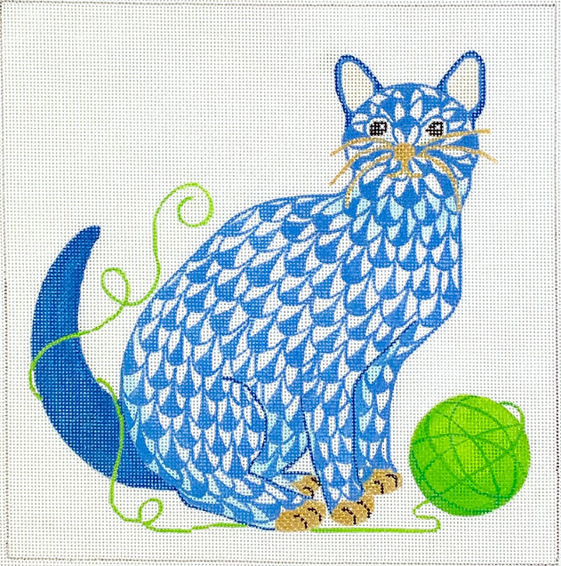 Herend-inspired Fishnet Cat w/ Ball of Yarn – blue & green w/ gold  (can be stitched as a stand-up)
