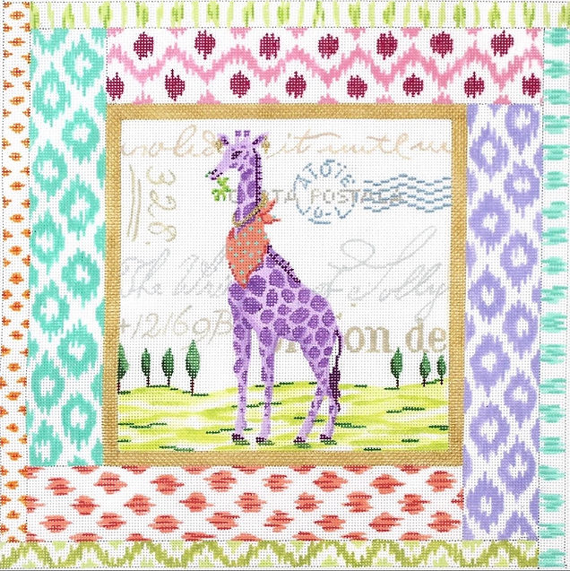 Exotic Collage – Purple Giraffe w/ Mixed Ikat Border