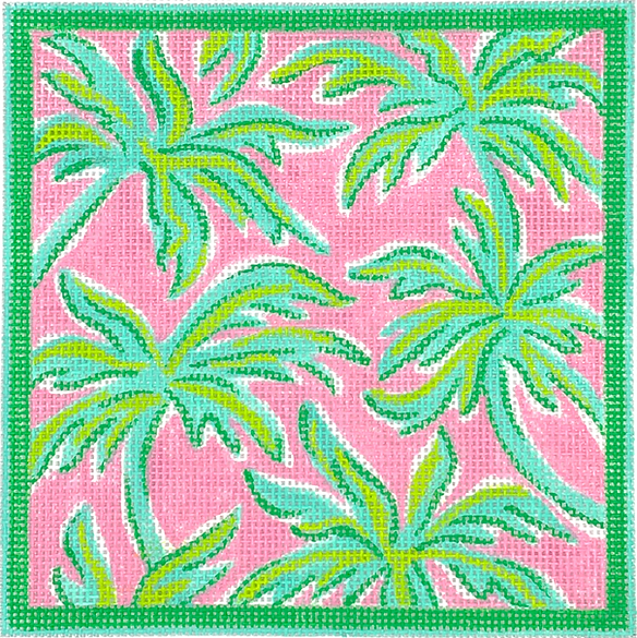 Lilly Letter – Palms – turquoise & lime on light pink w/ fuchsia letter