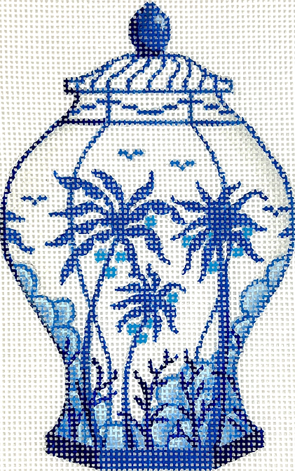 Mini Chinese Vase – Tall Blue & White w/ Palm Trees