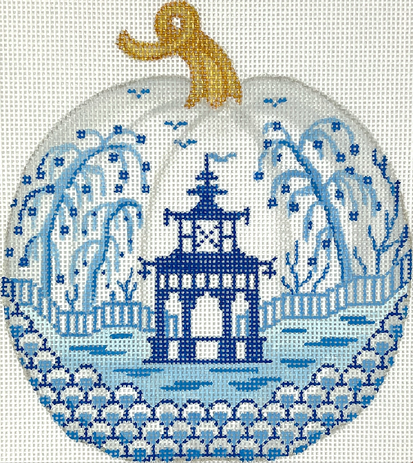 Mini Chinoiserie Pumpkin – Large Round w/ Pagoda & Willows – white w/ blues & golds