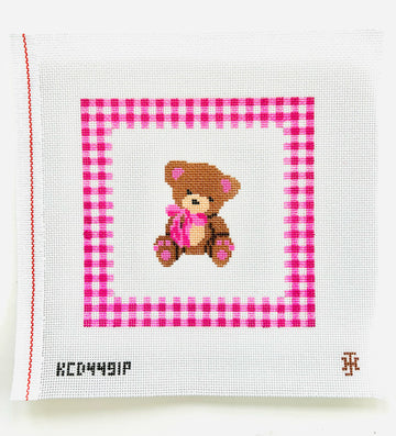Teddy Bear with Gingham Border Pillow - Pink
