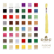 DMC Floche embroidery floss color chart by numeric order with a yellow floss skein on a white background part 1 of 2