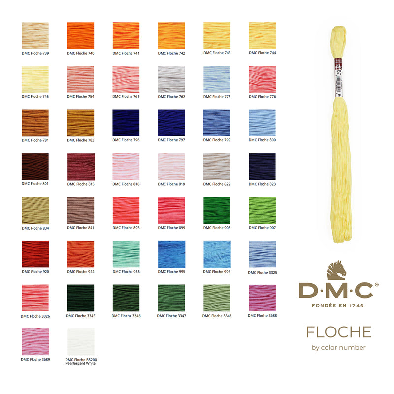 DMC Floche embroidery floss color chart with a yellow floss bundle on a white background