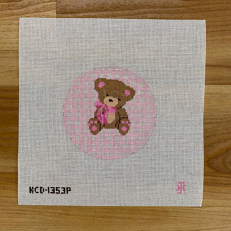 Teddy Bear on Gingham Round - Pink