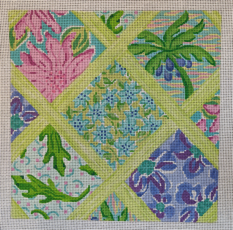 Med. Sq.– Lilly-inspired Lattice Patchwork – turquoise, periwinkle, violet & greens