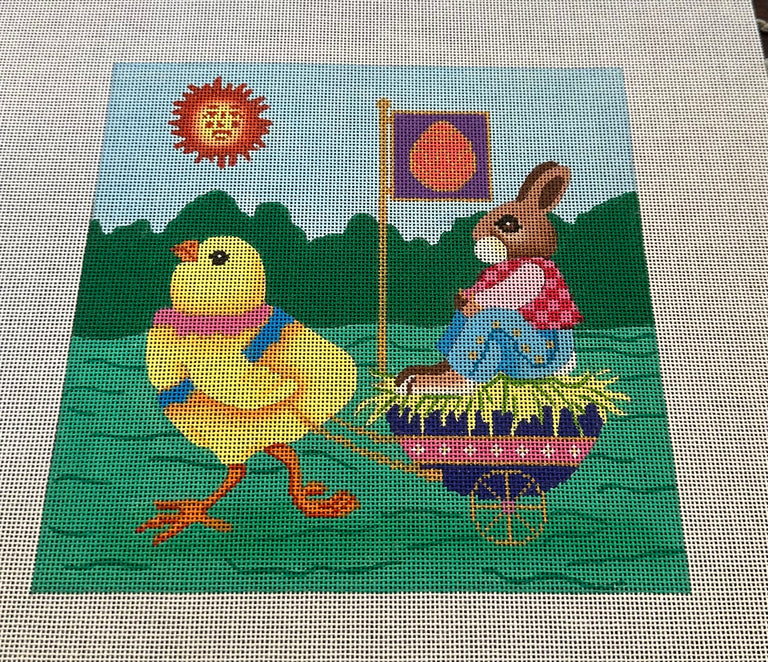 Chick Pulling Bunny in Egg Cart