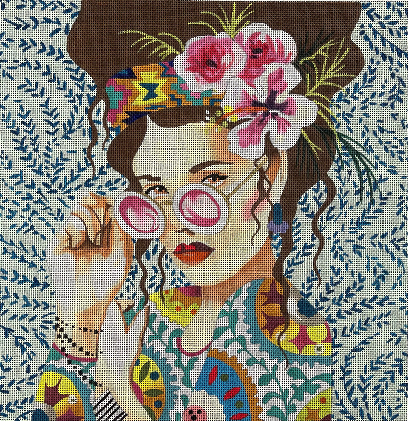 Elegant Hippie Lady On Grey W Glasses