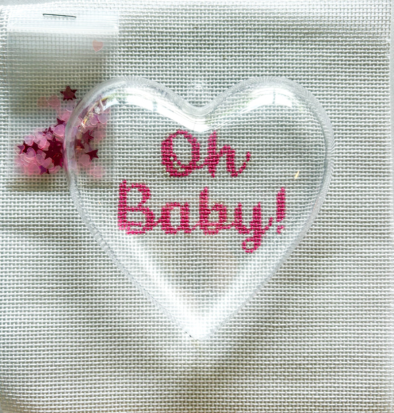 NEW - Kate Dickerson Heart Mini with Clear Dome & Confetti - “Oh Baby!” - pink on white