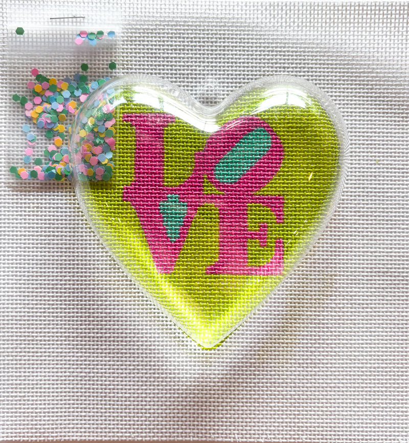 NEW - Kate Dickerson Heart Mini with Clear Dome & Confetti - Robert Indiana LOVE - pink & turquoise on lime