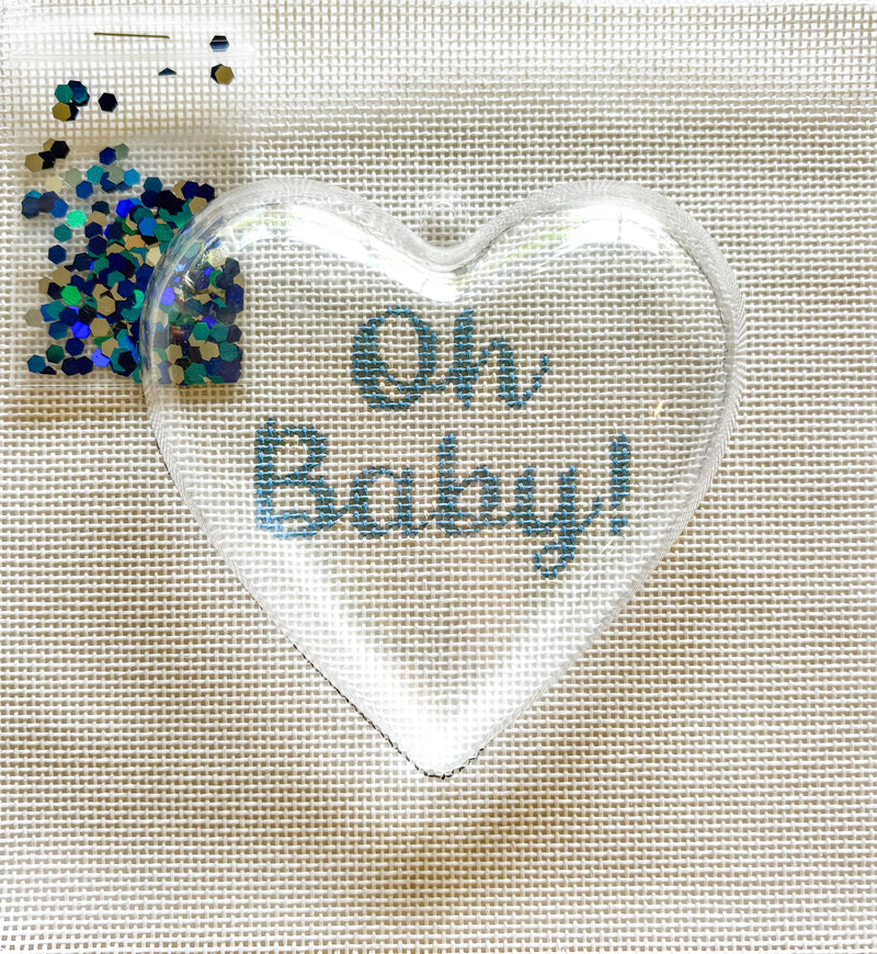 NEW - Kate Dickerson Heart Mini with Clear Dome & Confetti - “Oh Baby!” - blue on white