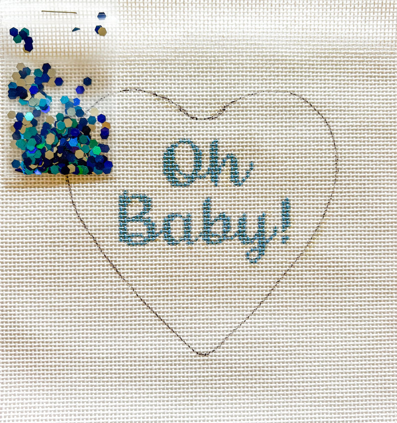 NEW - Kate Dickerson Heart Mini with Clear Dome & Confetti - “Oh Baby!” - blue on white
