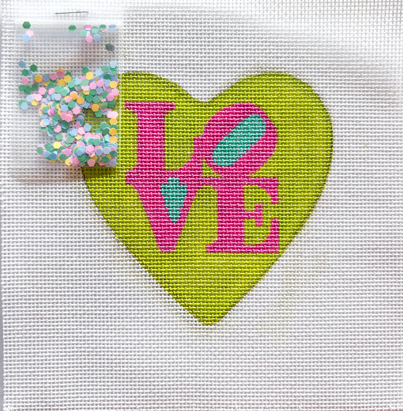 NEW - Kate Dickerson Heart Mini with Clear Dome & Confetti - Robert Indiana LOVE - pink & turquoise on lime