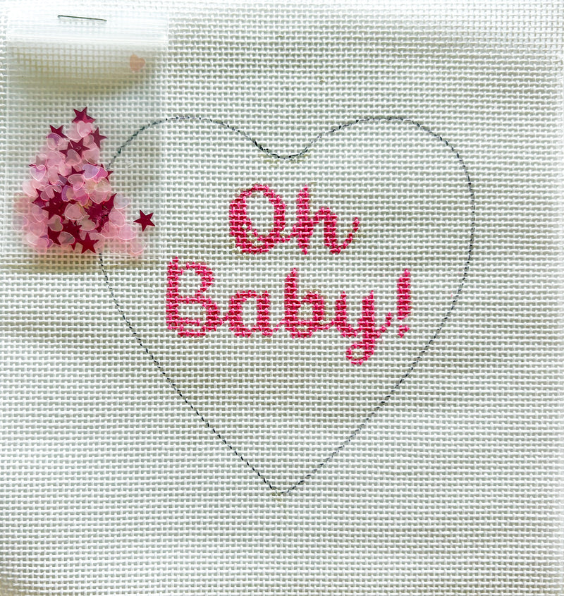 NEW - Kate Dickerson Heart Mini with Clear Dome & Confetti - “Oh Baby!” - pink on white