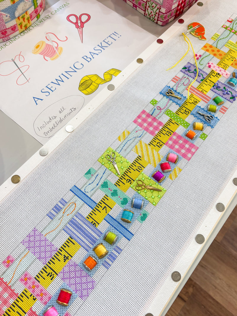 Sewing Basket – Woven Ribbons w/ a Sewing/Needlepoint Theme (Comes with Embellishments)
