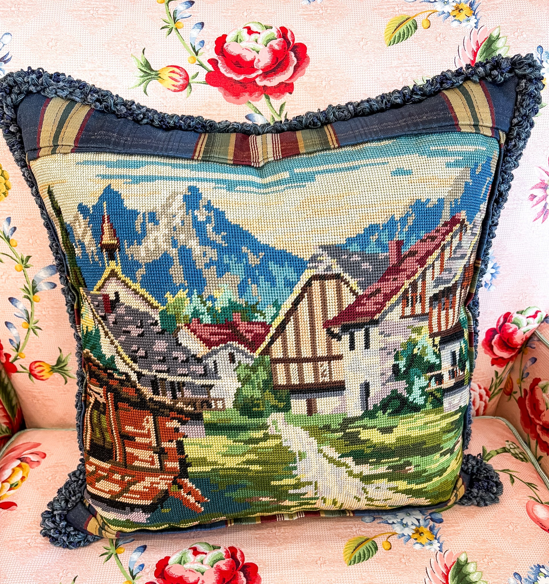 Farmland Scene Ikat Finished Pillow — Stitching Fox