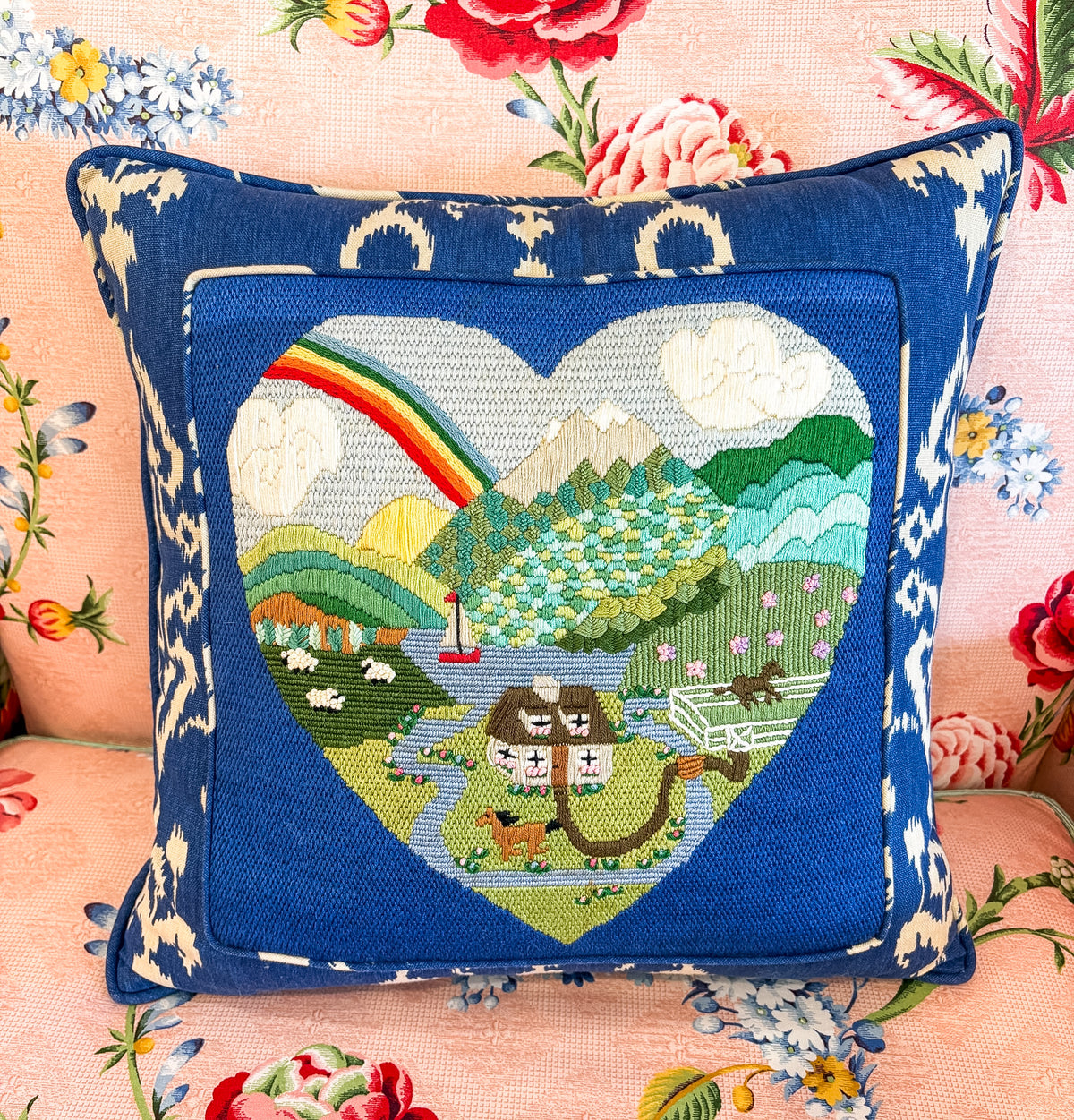 Farmland Scene Ikat Finished Pillow — Stitching Fox