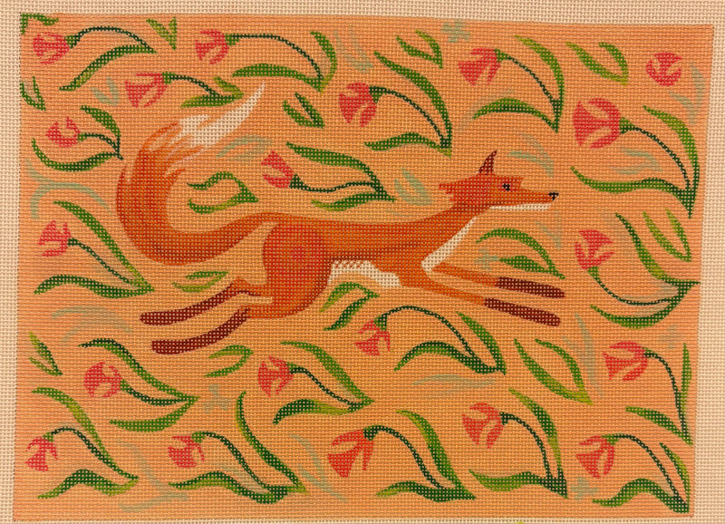 Running Fox With Coral Flowers on Peach
