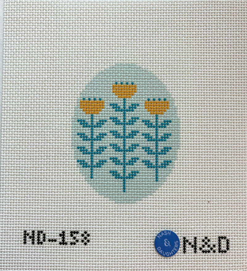 Blue & Gold Block Print Flower A - Oval